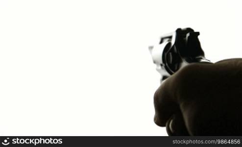 Silhouette of hand with gun on white background, closeup
