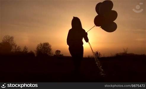 Silhouette of little girl with colorful balloons walking in the meadow in glowing of sunset. Rear view. Cute child with many big balloons stepping ahead in the rays of sunset in the field. Slow motion. Steadicam stabilized shot.