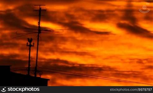Silhouette of TV antenna against the background of a burning sunset