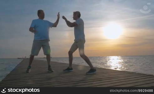 Slow motion of a young and mature man having a boxing workout on the pier at sunset. Checking the reaction