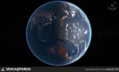 Slowly Rotating Earth 360, Seamless Looping. Extremely detailed image, including elements furnished by NASA. 3D animation with some light sources, reflections, and post-processing. Earth maps courtesy of NASA