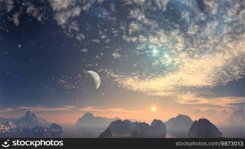 Small rocky islands are among the water. Above the horizon gloomy pink mist. In the distant setting sun. In the vast sky, twinkling stars and nebulae. Blue planet (moon) is half in the shade. Scattered clouds slowly float.