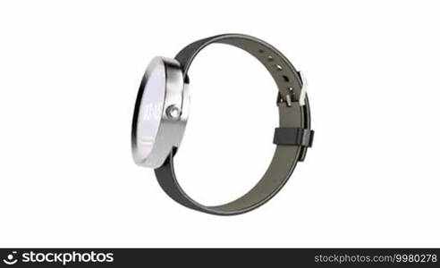 Smart watch with leather strap spin on white background