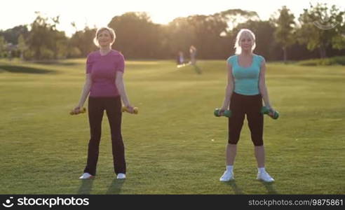 Smiling active athletic adult women with dumbbells pumping up muscles biceps in the park at sunset. Positive fit senior females in sportswear working out on park lawn, lifting light weight dumbbells during training outdoors at sunset.