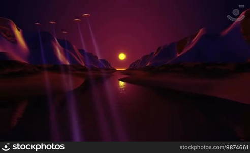 Spaceships (UFOs) fly out from behind the mountain and fly over the river, illuminating the surface with bright blue rays of light. On the dark sky bright setting sun reflected in the river.