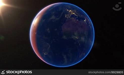 Spinning Earth and zoom in. Planet Earth rotates. Extremely detailed image, including elements furnished by NASA.