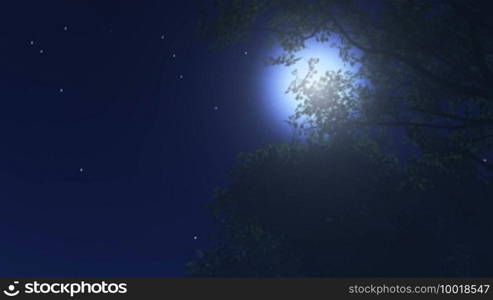 Stars twinkle in the night sky, a full moon behind a shaking tree