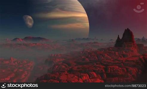 Stone rocky desert filled with bright red star. In the crevices of the blue mist. In the dark starry sky nebula and a huge gas giant around which revolves the moon. The camera slowly removed and becomes visible to a wide panorama of the landscape.