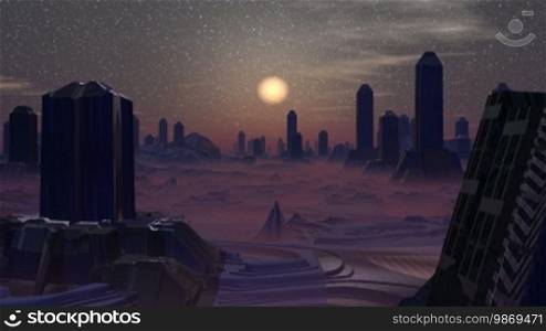 Strange high buildings stand among mountains. The city is shrouded in a lilac fog. Buildings flicker. In the night star sky the dim sun slowly falls to the horizon.