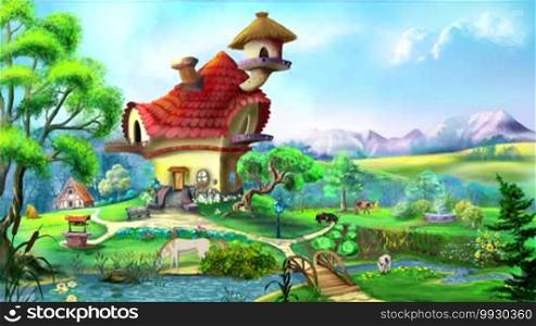 Summer landscape with a magic house. Motion graphic background.