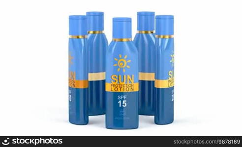 Sunscreen lotions with different SPF numbers on white background