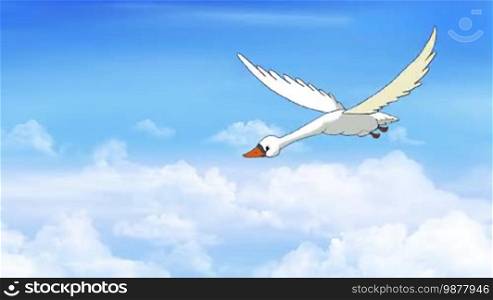 Swan Flies in the Cloudy Sky. Handmade animation, motion graphic.