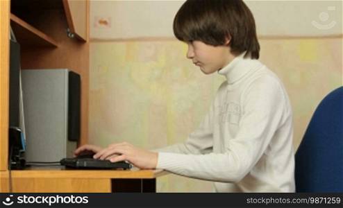 Teen boy using desktop computer at home, playing, studying or reading, side view, medium shot