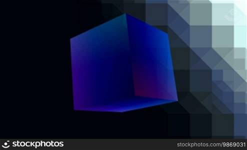 The blue shone cube slowly rotates on a black background