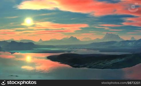 The blue sky, bright sun sets over the horizon. Slowly floating pink clouds. The calm lake surface reflects the sky. On the horizon, low mountains covered with a light haze.
