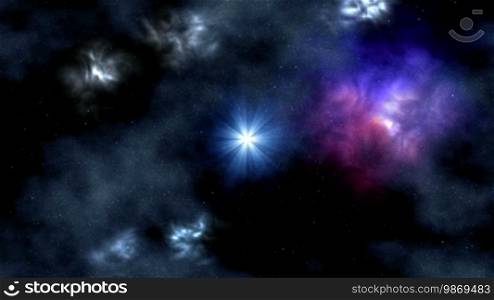 The bright blue star shines in the depth of space. Around it, nebulas (space gas) slowly rotate.