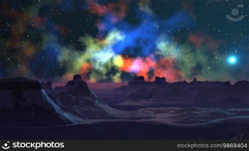 The bright color fog changes in the dark night sky. In the sky, there are bright stars and the moon. On a fantastic planet, there are high mountains with sharp peaks. The tops are covered with snow.