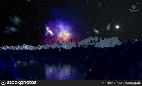 The bright nebula in the starry sky is reflected in the mountain lake. The tops of the mountains are covered with snow. Slowly, the bright moon ascends.