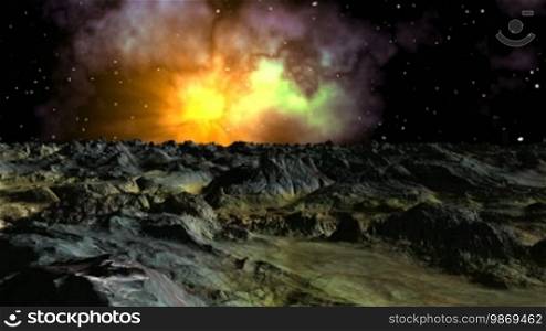 The bright nebula with the star, which was shining with yellow light in the center, slowly changes in the dark sky. The sky is covered with stars. Under them, a mountain landscape filled with the bright light of a star.