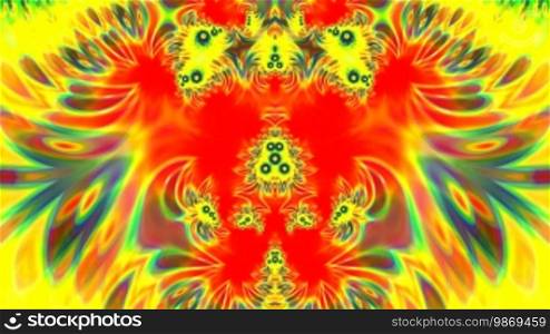 The bright pattern fractal slowly changes color and form on a bright yellow background.