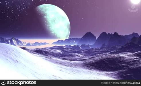 The bright sun illuminates the desert mountain landscape. Above the horizon is a thick fog. Large moon in the penumbra.