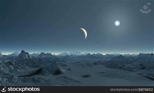 The bright sun in the dark sky illuminates the setting planet (moon). Mountains and lowlands are covered with snow. Above the horizon glowing white fog.