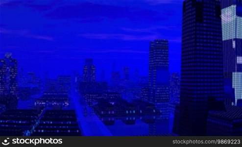 The city is flooded by blue light. Clouds slowly float and are reflected in water