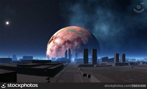 The city of aliens consists of dark structures and straight streets. From the horizon, the large rotating planet is visible. The horizon is covered with a white shining fog. In the night sky, a pulsing object (UFO) flies. It pulses white and red.