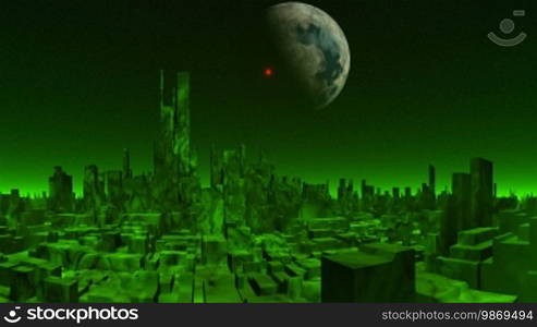 The city of aliens consists of high buildings. The atmosphere on a planet of green color. Over the horizon a green being shone fog. In the night sky major planet (moon). The bright red object (UFO) quickly flies in the sky.