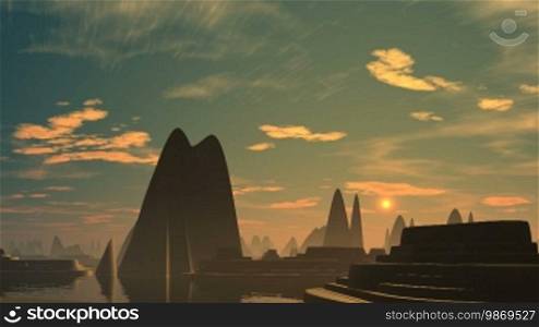The city of pyramids and ziggurats is surrounded by water. Over the horizon, the bright object (the sun, UFO) rises. In the morning sky, clouds slowly float. The horizon is covered in fog.