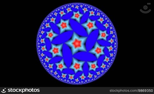 The color pattern in a circle slowly rotates and changes on a dark background. It is a fractal pattern.
