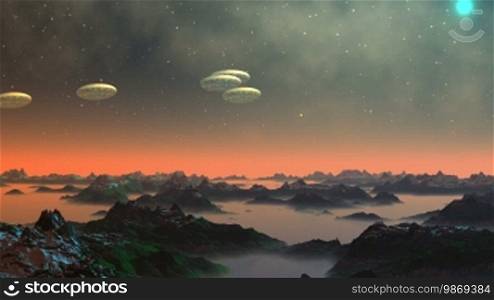 The flotilla UFO slowly flies over mountains in the sky of a fantastic planet. Between mountains the white fog lies. Over the horizon an orange glow. In the dark sky bright stars and nebulas.