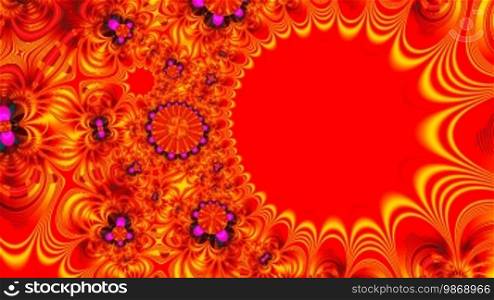 The gold abstraction floats on a red background
