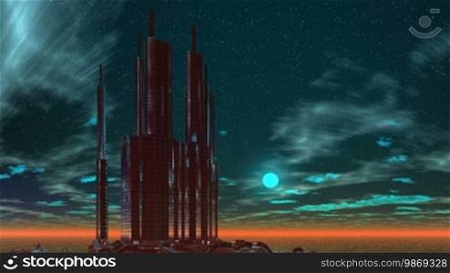 The high sparkling building is surrounded by water. The horizon is covered with an orange fog. In the night sky, bright stars and a magenta moon shine brightly, while clouds float.