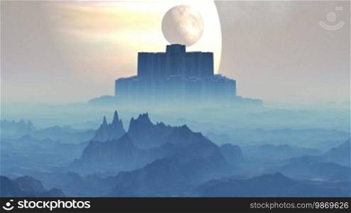 The hills and rocks with sharp peaks shrouded in blue mist. In the night starry sky with a huge planet revolving around her companion. On the horizon, the distant sunset. Out of the mist appears slowly building (castle) and is fast approaching.