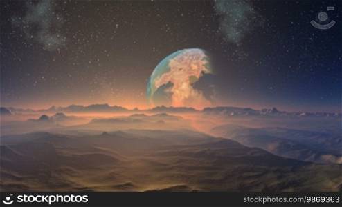 The huge blue planet rises similar to Earth because of the horizon. It flies against the starry sky and a nebula. Under it, a fantastic landscape. Hills and cliffs are covered with a red shining fog, the moon is visible in the distance.
