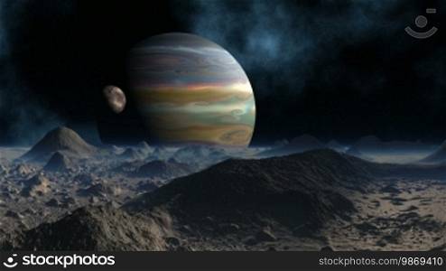 The huge planet and the moon rotate against a fantastic landscape. Dark sky, bright stars, and nebulas. The colorful gas giant around which the moon rotates. Low hills and large stones are covered with a blue shimmering fog.