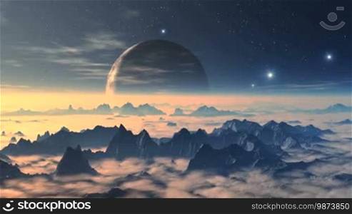 The huge planet (moon) rises in the starry night sky. From the misty horizon, a bright glowing object flies. The mountain peaks rise from the thick fog, glowing. Bright light floods the alien landscape. The sky's slowly floating clouds are rare. Moon in the shadows.