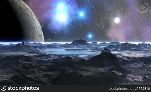 The huge planet (moon) rotates slowly. On the dark sky bright blue stars, colorful nebula, and the sun. On the horizon a white fog. Camera flies over the hills and stops over the lake, which reflects the stars.
