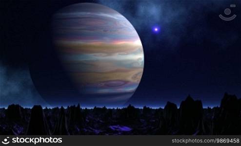 The huge planet (the gas giant) rotates against a mountain landscape of a fantastic planet. The bright being shone object (UFO) flies in the dark night sky covered with stars and nebulae.