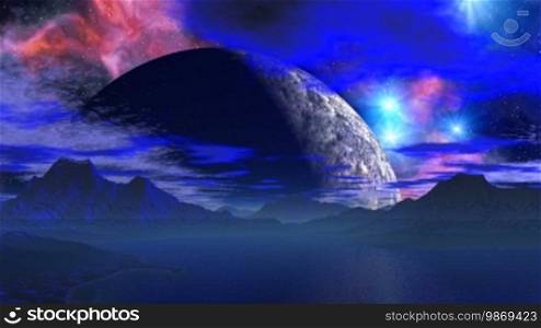 The huge planet towers over the horizon. Low mountains stand among water. Over water a gaze. In the night sky, the bright stars are far and close. The bright color nebula is visible over a planet. Dark blue clouds float.