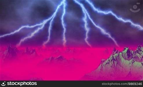 The lightning sparks over mountains. Mountains are shrouded by a red fog.