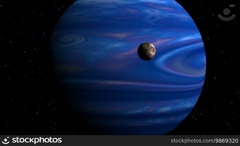 The major blue planet slowly rotates against the starry sky. Before it is the brown moon.