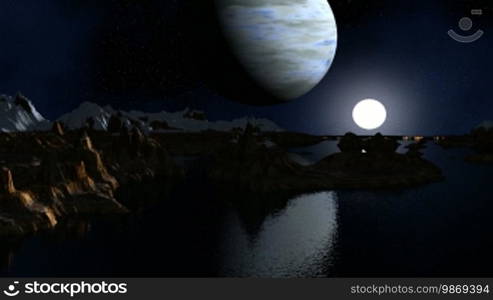 The major blue planet (the gas giant) and the bright moon fly against a fantastic landscape. In the night sky, bright stars. Mountain tops are covered with snow. Mountains stand among water. In it, planets and stars are reflected.