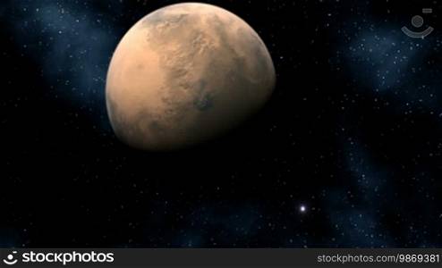 The major red planet (Mars) slowly flies in the depths of space. Against a dark background, bright stars, sparks, and the star fog flicker.
