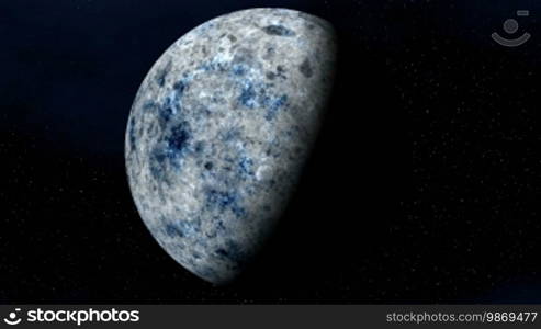 The moon (fantastic planet) in a penumbra slowly rotates in space depths against the dark starry sky.