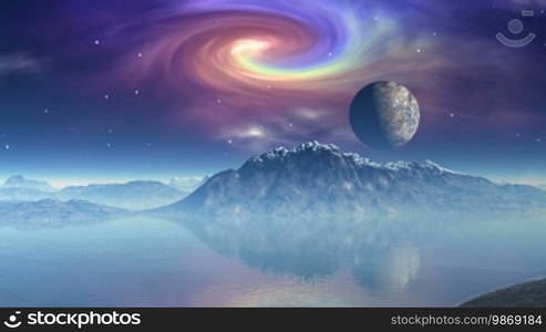 The moon (planet) floats against the starry sky and a spiral fog. It is reflected in lake water.