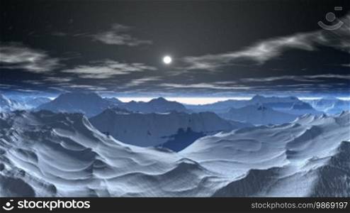 The moon shines, clouds, against snow-covered mountains float