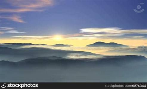 The morning blue sky with pink and white clouds. Due to a foggy horizon, a bright white sun rises. Above the valley, clouds float in the valleys between the hills and mountains, glowing with fog.