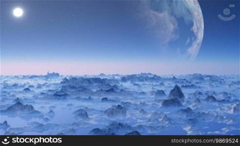 The mountain landscape is covered with a blue fog. Over the horizon, there is a huge planet and a bright white moon.